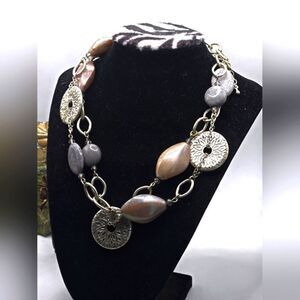 "5/$25" Premier Designs Long Chunky Bead Silvertone Disc Station Necklace